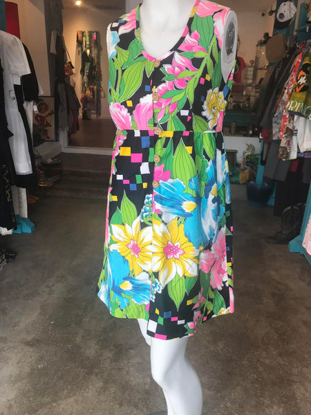 Vintage 1960's 70s Colorful Rainbow Cotton Mini MOD Scooter Hawaiian Abstract GoGo Dress size 9 XS S
