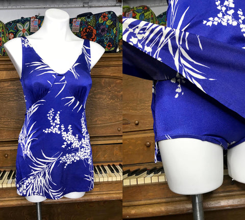 Vintage 60s 70s | Blue Floral One Piece Swimsuit Playsuit Bathing Suit | Size M