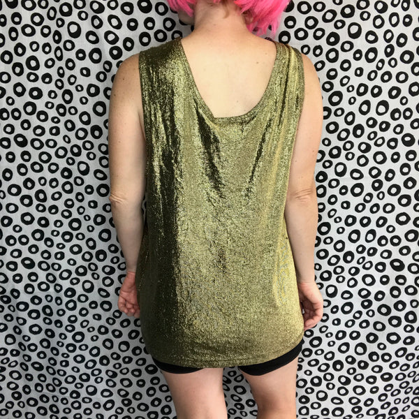 Vintage 80s | Glam Metallic Liquid Gold Shiny Disco Party Blouse Tank Top | L