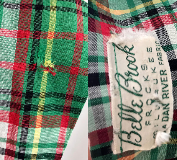 Vintage 40s 1940s | Green Plaid Cotton Day Dress Belle Brook Frocks Milwaukee ML