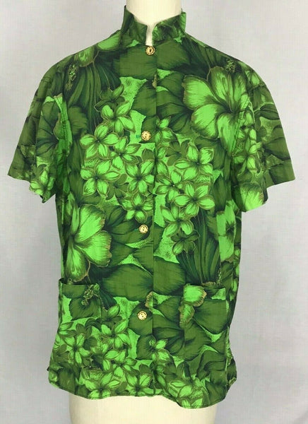 VTG 60s Green Gold Hawaiian Polynesian Mandarin Mod Psychadelic Shirt Blouse 14