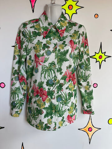 Vintage 1970s | Floral Big Collar Polyester Shirt Top | ML