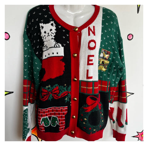 Vintage | Red Embellished Tacky Ugly Christmas Cat Sweater Cardigan | M