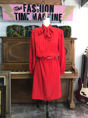 Vintage 70s 80s Red Secretary Dress with Pussy Bow/ Bow Neck Size L/ XL/ 12/14