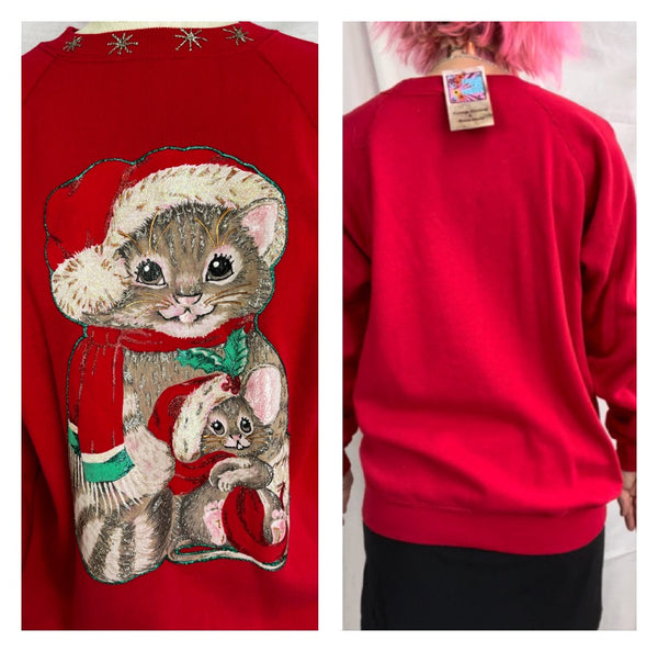 Vintage 80s 90s | Red Puffy Paint Glitter Tacky Ugly Christmas Cat Sweater | L