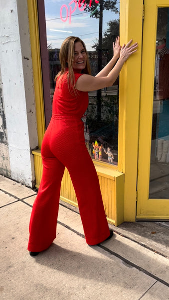 Vintage 1970s | Red Groovy Mod Disco Wide Leg Bellbottoms Jumpsuit | L