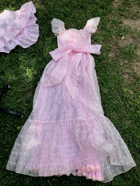 VTG 70s | Pink Gunne Sax Style Prom Prairie Lace Edwardian Boho Dress | XS