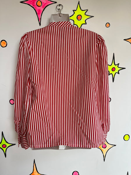 Vintage 70s 80s | Red Peppermint Striped Bow Tie Secretary Blouse Shirt Top | ML