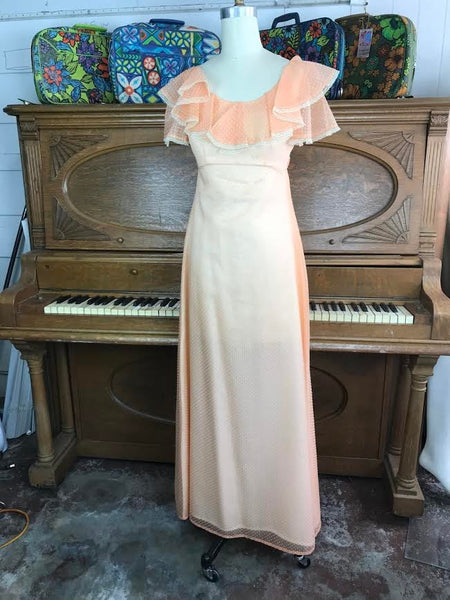 Vintage Peach Dot Ruffle Gunne Sax Style Festival Prairie Dress Lace weet Boho Hippy Small