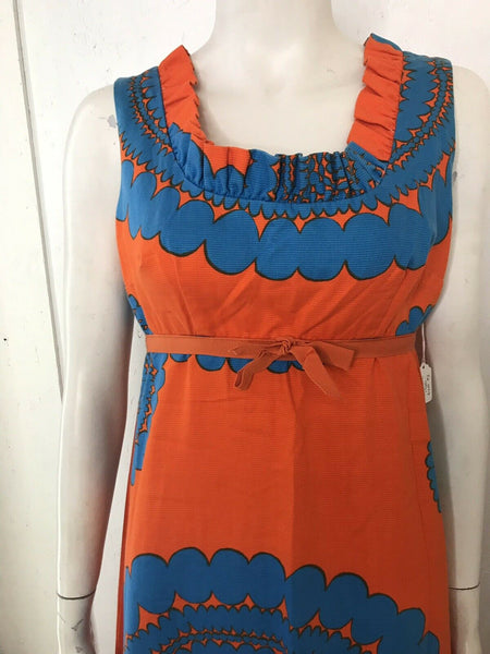 VTG 60s Mod Cotton Barkcloth Hawaiian Orange Op Art Psychadelic Maxi Dress M