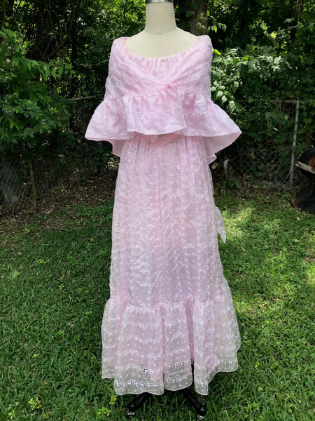 VTG 70s | Pink Gunne Sax Style Prom Prairie Lace Edwardian Boho Dress | XS