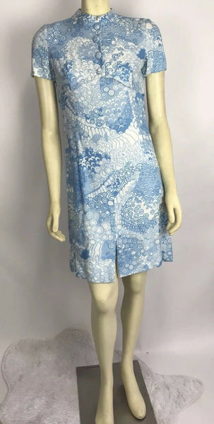 VTG Vintage 60s 70s ADELE SIMPSON Blue Boho Asian Mandarin Abstract Mini Dress