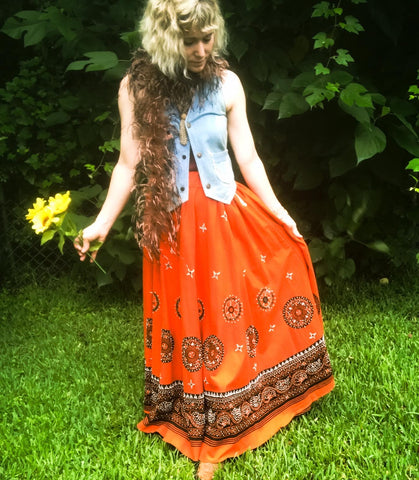 Vintage 70s | Embellished Flowy Hippie Festival Boho Maxi Skirt | Free Size