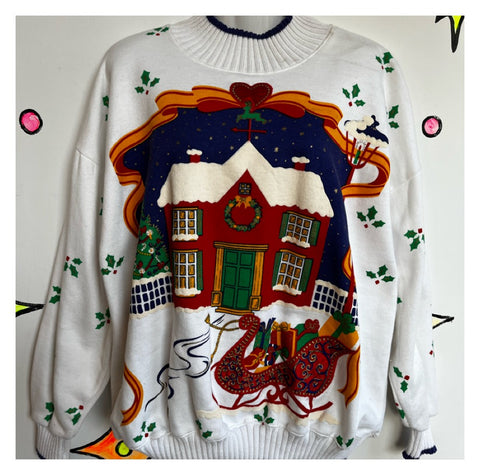 Vintage 80s 90s | Puffy Paint Turtleneck Tacky Ugly Christmas Sweater | L