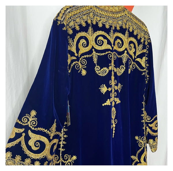 Vintage | Bohemian Royal Blue Gold Embroidered Velvet Robe Coat Turkish Afghan