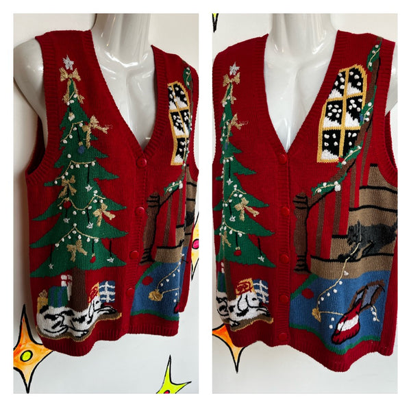 Vintage | Red Appliqued Tacky Ugly Christmas Sweater Vest | Size M