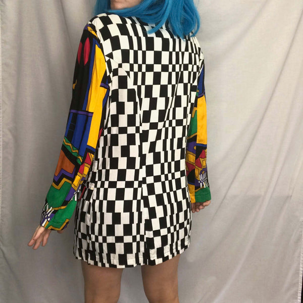 VTG 80s 90s Wild Abstract Checker Art Deco Rainbow Sequin Embellished Blazer S