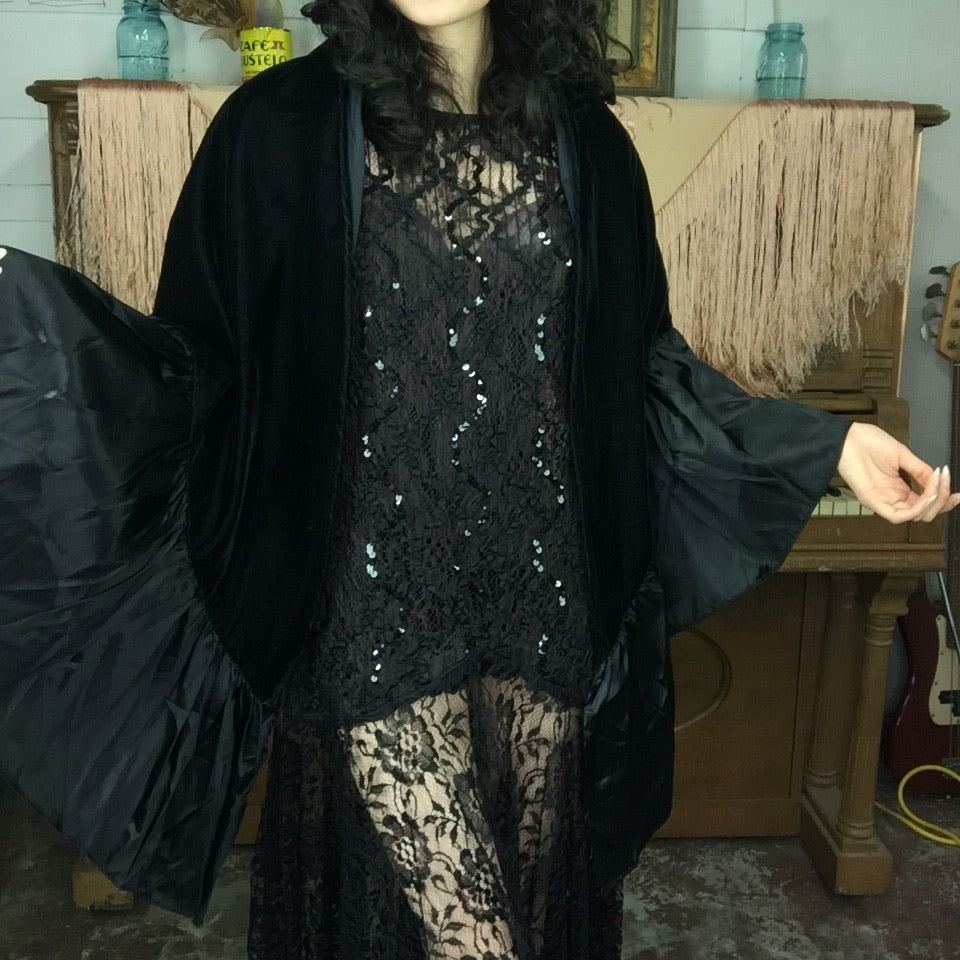 Vintage Black Velvet & Satin Ruffle Gothic Witchy Bohemian Shawl