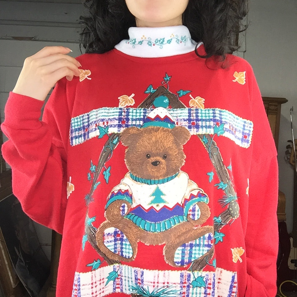 Vintage 80s | Teddy Bear Ugly Tacky Christmas Sweater Sweatshirt | Size L