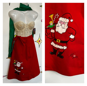 Vintage 50s 60s | Red Hand Painted Santa Christmas Wrap Swing A Line Skirt | S