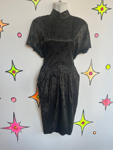 Vintage 80s does 40s | Black and Gold Dolman Cut Out Back Party Dress | Size S