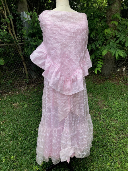 VTG 70s | Pink Gunne Sax Style Prom Prairie Lace Edwardian Boho Dress | XS