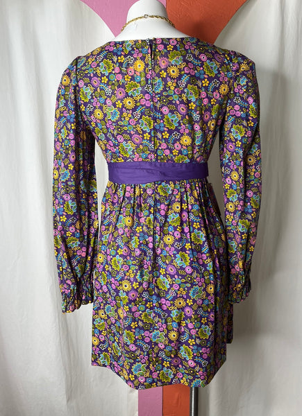 Vintage MOD 1960s | Purple Flower Power Groovy Mini Dress | S
