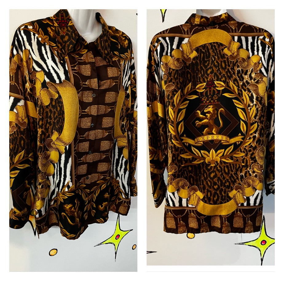 Vintage 90s | Oversized Silk Leopard Abstract Print Express Shirt Blouse | Size S