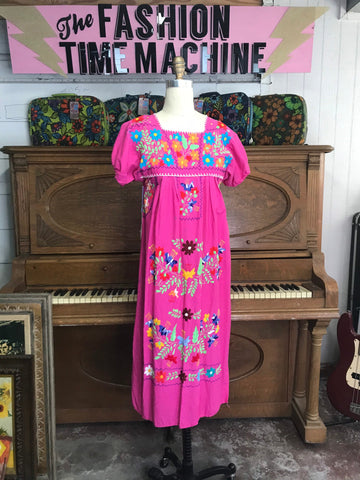 VTG 70s/ Mexican MuuMuu/ Hippie Cotton Summer Vacation/ Beach Cover Up/ Boho Patchwork/ Embroidered/ Caftan Huipil Dress/ Size Small S