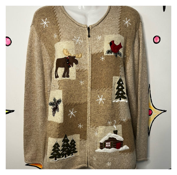 Vintage | Patchwork Appliquéd Tacky Ugly Christmas Sweater Cardigan | M