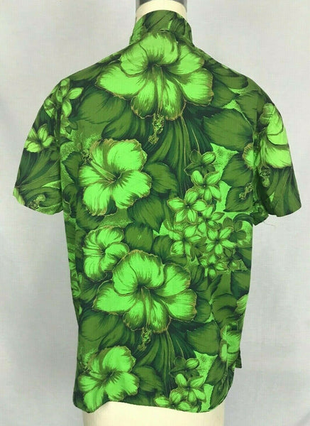 VTG 60s Green Gold Hawaiian Polynesian Mandarin Mod Psychadelic Shirt Blouse 14