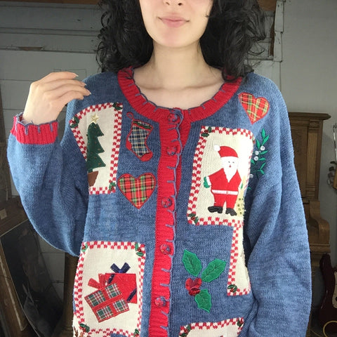 Vintage | Patchwork Tacky Ugly Christmas Sweater Cardigan | Woman’s Size L