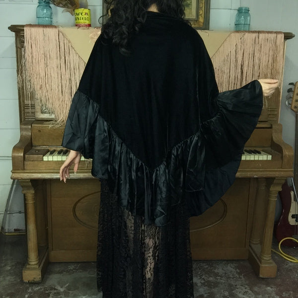 Vintage Black Velvet & Satin Ruffle Gothic Witchy Bohemian Shawl