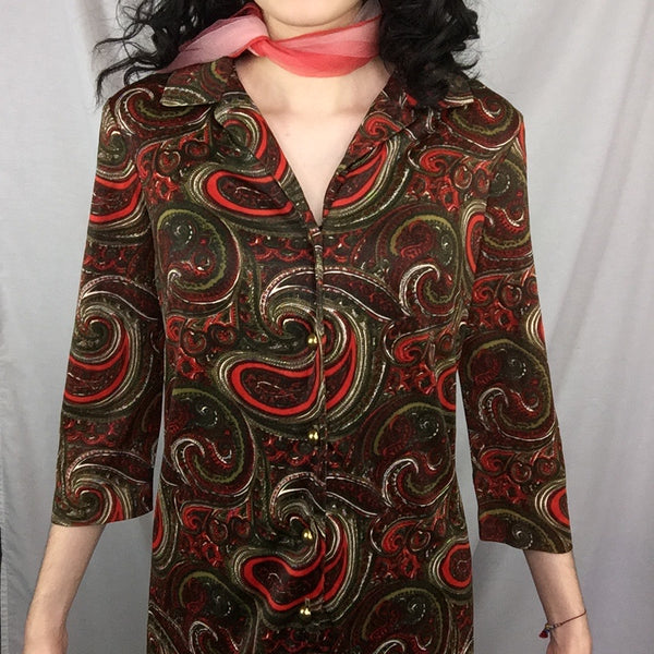 Vintage 1970s 70s | Red Paisley Boho Groovy GoGo Disco Mod Party Mini Dress | M