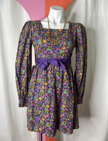 Vintage MOD 1960s | Purple Flower Power Groovy Mini Dress | S