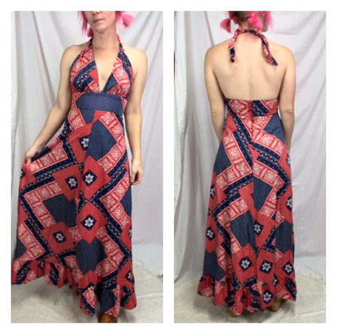 Vintage 60s 70s | Patchwork Halter Maxi Hippie Prairie Dress | XS