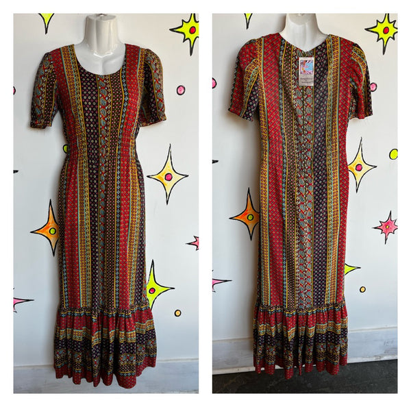 Vintage 60s 70s | Patchwork Maxi Boho Western Hippie Prairie Dress | M