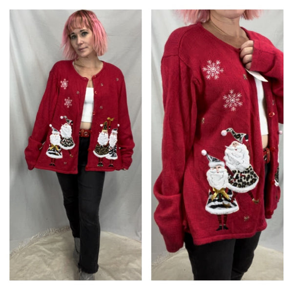 Vintage 80s 90s | Red Santas Snowflakes Tacky Ugly Christmas Sweater Cardigan XL