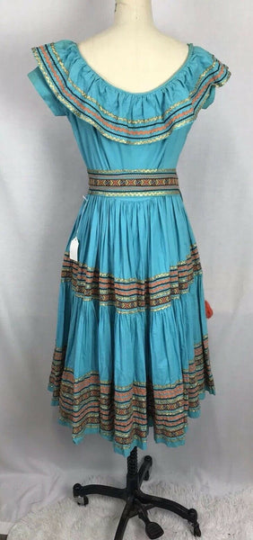 Vintage 40s Patio Squaw Dress Blue Cotton Ric Rac Gold Trim Pinup Swing 1940s