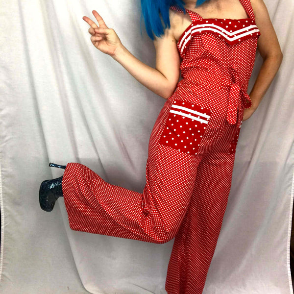Vintage 70s | Red Polka Dot Sailor Arpeja Young Edwardian Bellbottom Jumpsuit S