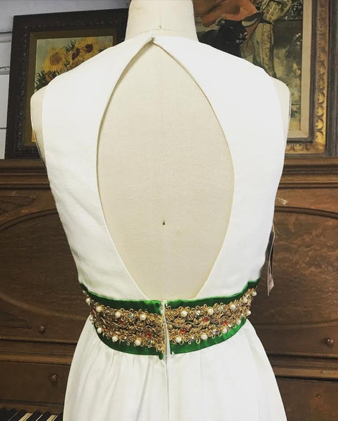 Vintage 60s 70s Mod Mid Century Maxi Prom Party Wedding Cocktail Beaded Cut Out Back Dress XS