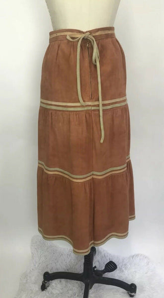 VTG Burnt Orange Suede Leather Southwest Western Rodeo Skirt Indian Princess 7/8