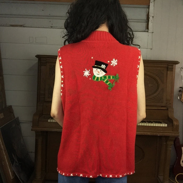 Vintage | Embellished Red Snowman Tacky Ugly Christmas Sweater Vest | Woman’s Size L