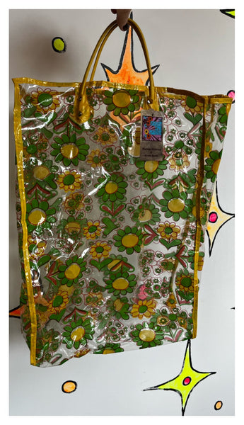 Vintage 1960's 60s | Mod Boho Hippie Clear Flower Power Vinyl Plastic Tote Bag