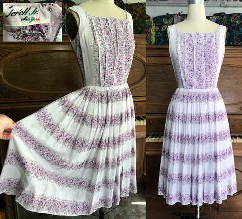 Vintage 1950s Purple Floral Swing Skirt Pin Up Cotton Party Dress S M