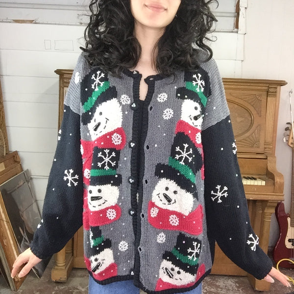 Vintage | Embellished Snowman Tacky Ugly Christmas Sweater Cardigan | Woman’s Size L