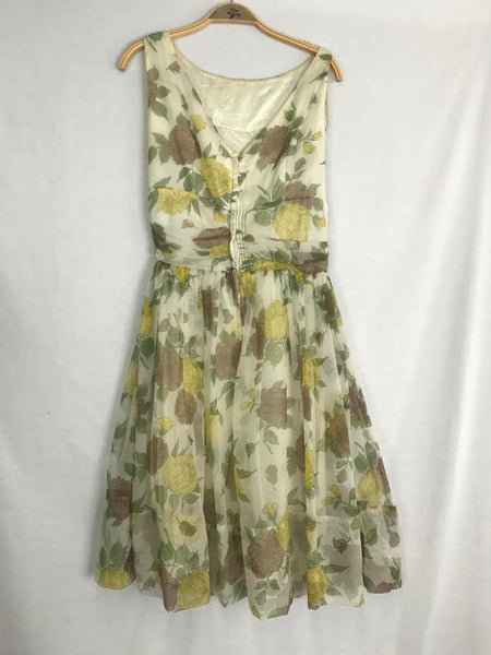 1950s Floral Full Chiffon Overlay Skirted Swing Dress Cocktail Party Prom Dress ML