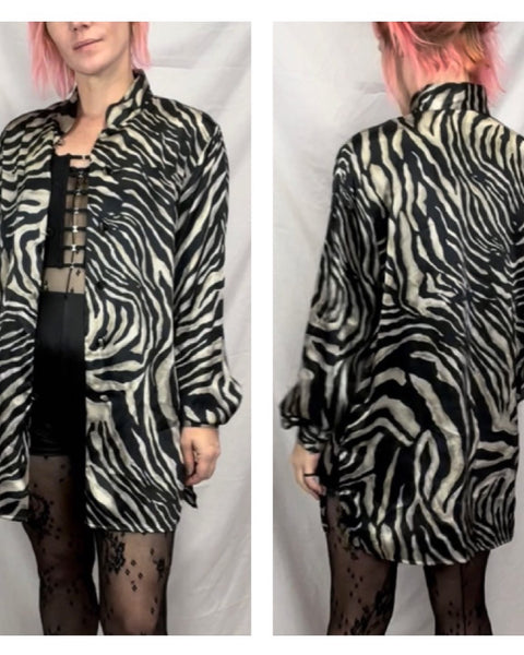 Vintage 90s Y2K | Silky Zebra Print Robe Kimono Cover Up Blouse | Size M