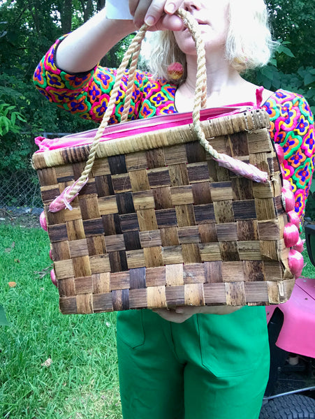 Vintage 70s | Owl Straw Basket Purse Woven Wicker Tote Bag Novelty Boho Handbag