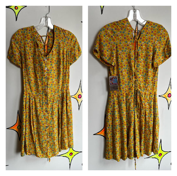 Vintage 90s | Yellow Rainbow Flower Power Lace up mini Dress | S M